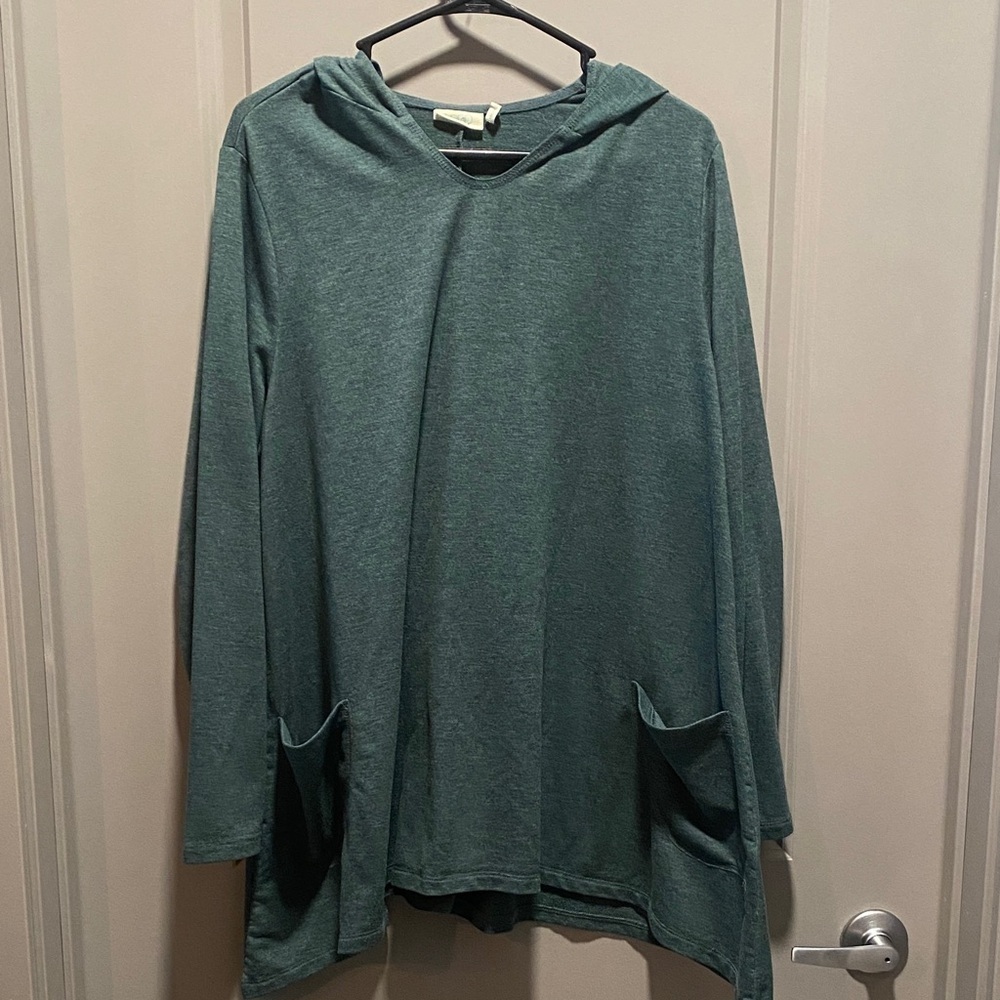 LOGO Lounge Teal Hooded Tunic Top Long Sleeve Relaxed Cozy Pockets XL